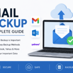 Laptop screen par email backup process dikhaya gaya hai jisme Gmail emails ko computer par export kiya ja raha hai.