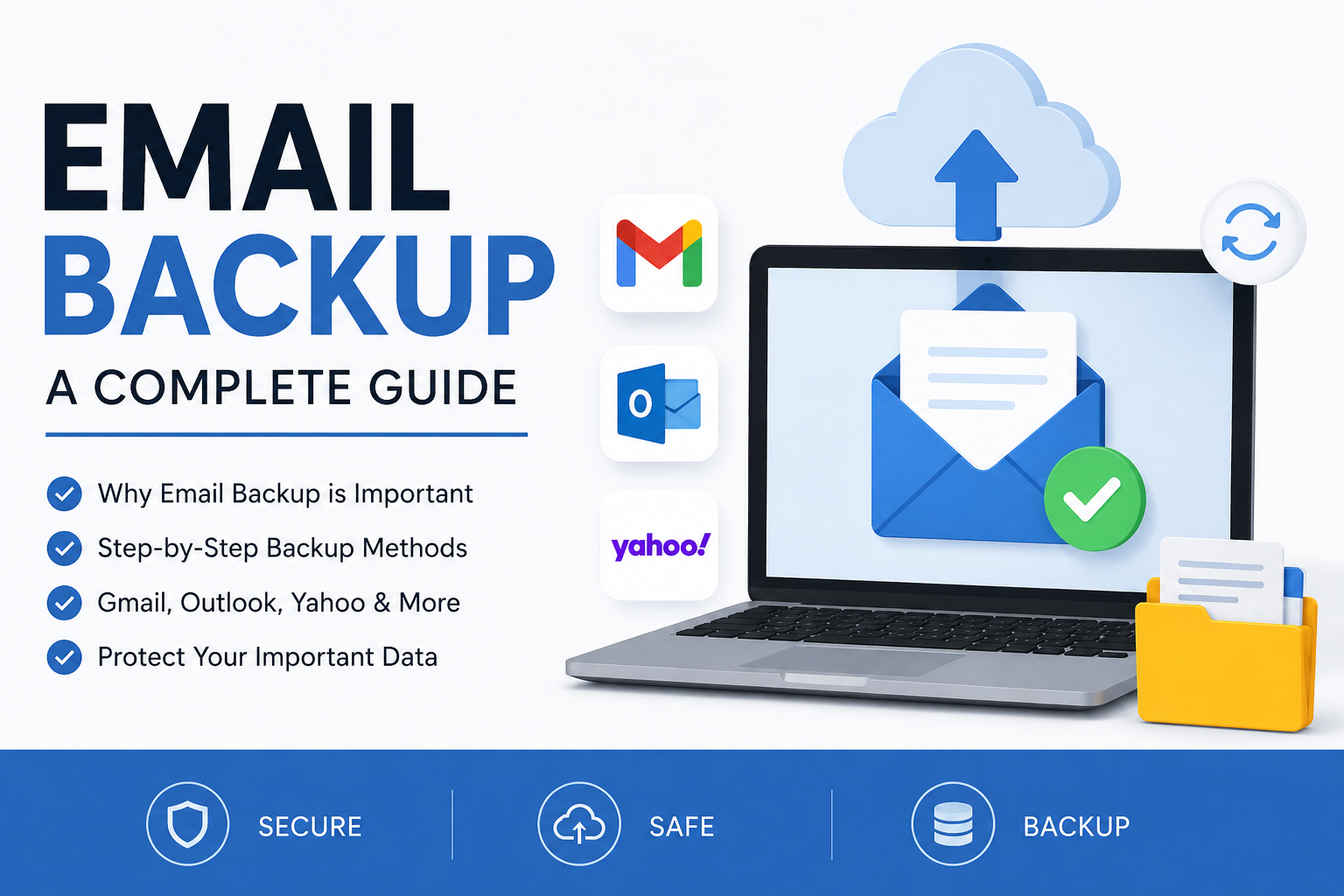 Laptop screen par email backup process dikhaya gaya hai jisme Gmail emails ko computer par export kiya ja raha hai.
