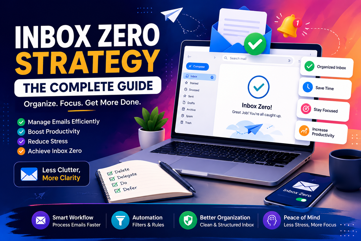 Inbox Zero Strategy dashboard showing an organized email inbox, productivity workflow, email automation, and efficient email management system.