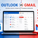 Outlook vs Gmail comparison showing email features productivity tools security and storage options