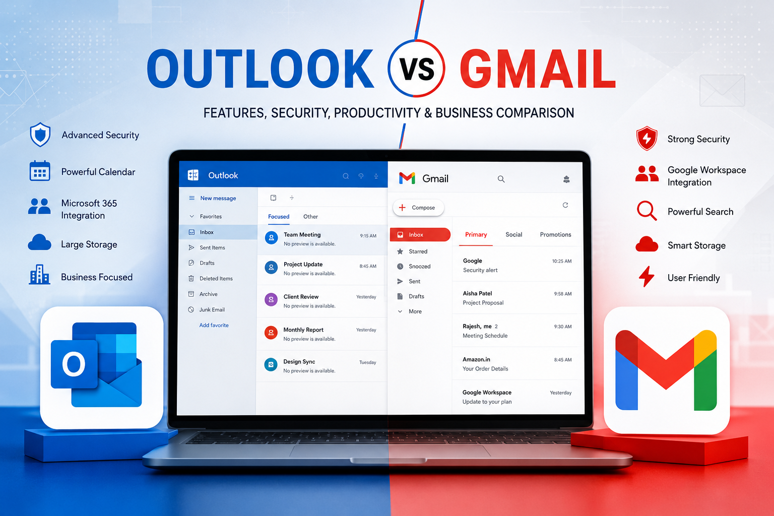 Outlook vs Gmail comparison showing email features productivity tools security and storage options