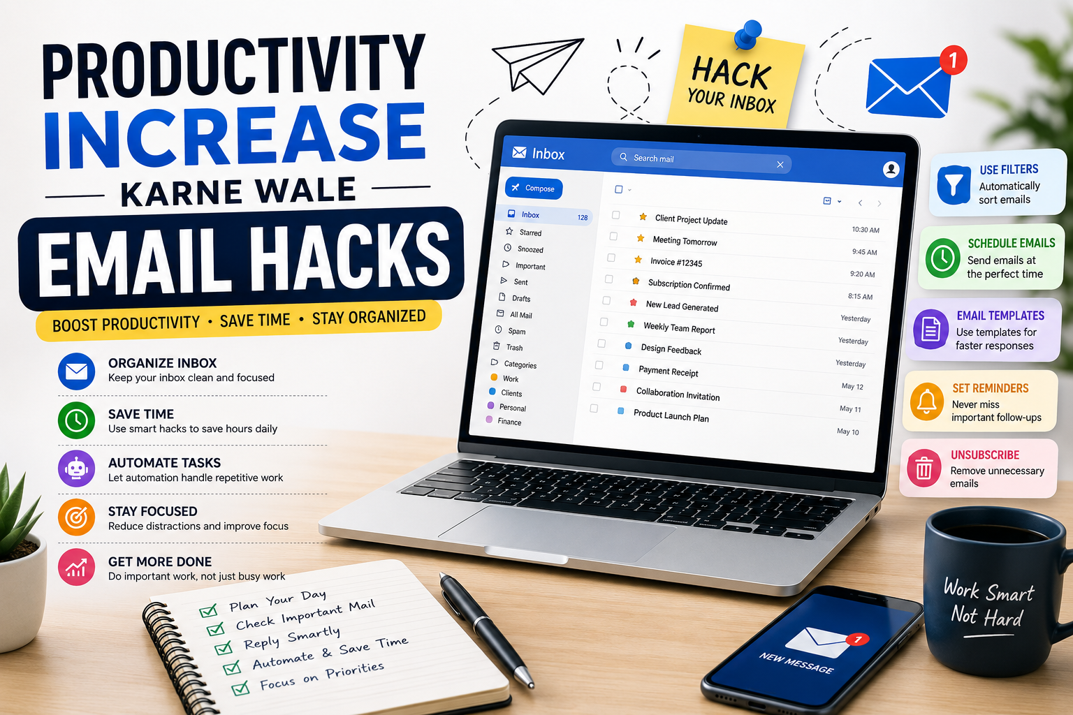 Professional workspace showing email productivity hacks, inbox organization, email automation, and time-saving email management techniques.